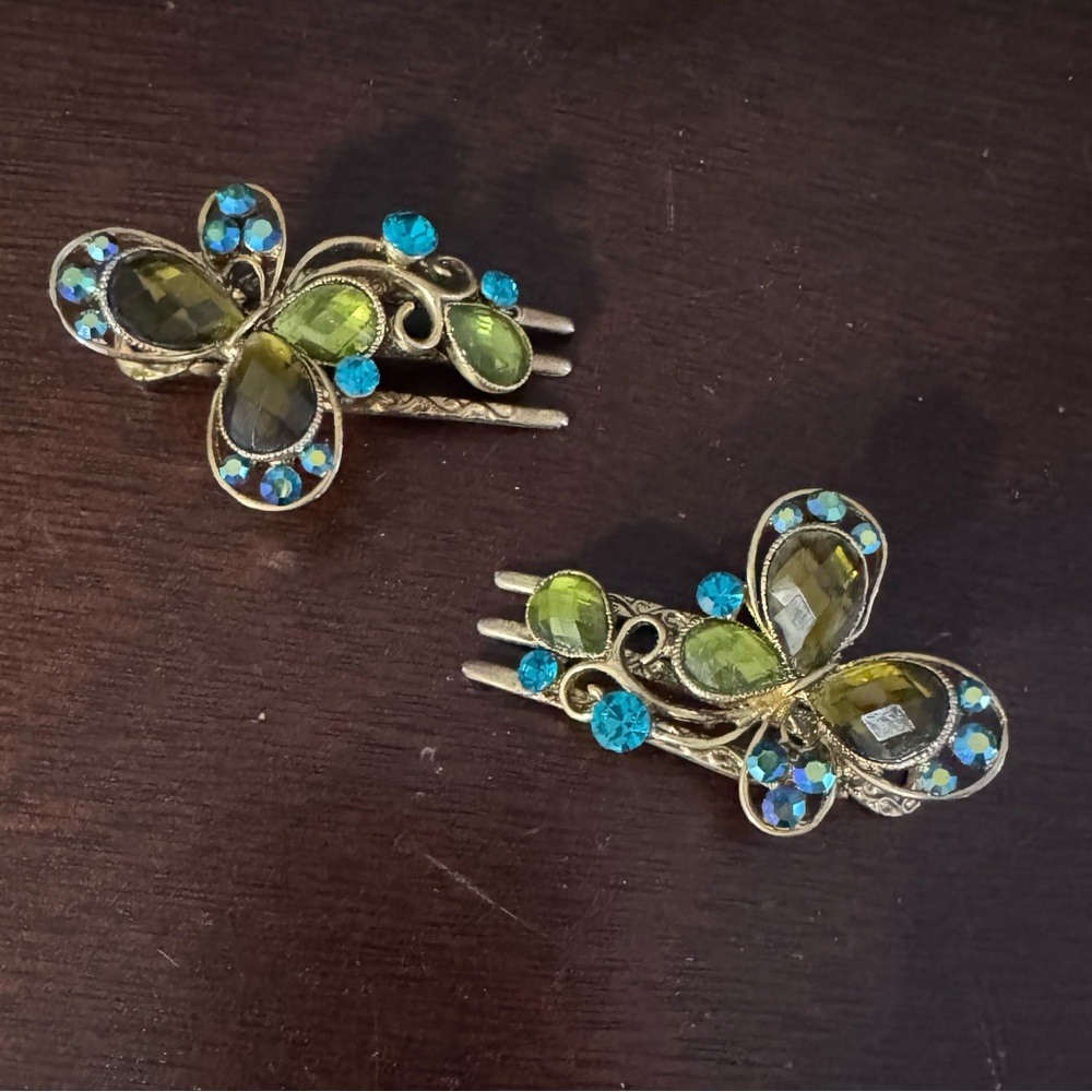 Butterfly Hair Clips with Green and Blue Gems